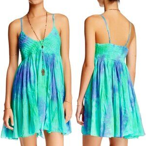 NEW RAGA Babydoll Mini Sundress Green Purple Tie Dye Spaghetti Straps Sz. M